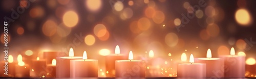 Romantic festive holiday evening. Valentines day of lights horizontal banner for website. Christmas romance presentation with light candles  effect bokeh and empty copy space