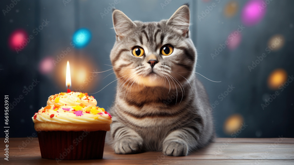 Portrait of a happy cat with birthday cake and candle