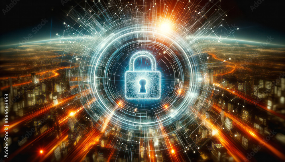 Cyber security concept illustrated by a padlock on a futuristic background. Generative AI Cyber security concept illustrated by a padlock on a futuristic background. Generative AI