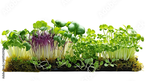 3d rendering close up fresh organic assortment of microgreens isolated on transparent background. Growing cabbage, alfalfa, sunflower, arugula, mustard sprouts. Healthy lifestyle concept