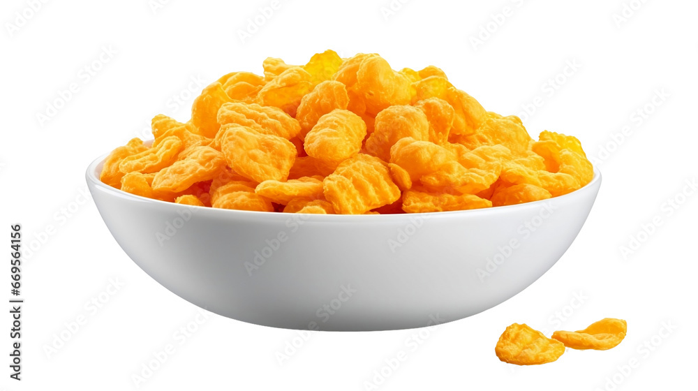 3d rendering close up organic crispy tasty corn flakes in white plate bowl isolated on transparent background png. Healthy lifestyle concept for cereal breakfast