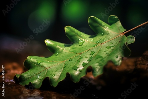 A wet green leaf with brown edges against a dark blurry background. Generative AI