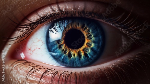 Beautiful close-up eye and amazing reflections. Macro pupil of the human retina. Eye monitoring and treatment healthcare #669564381