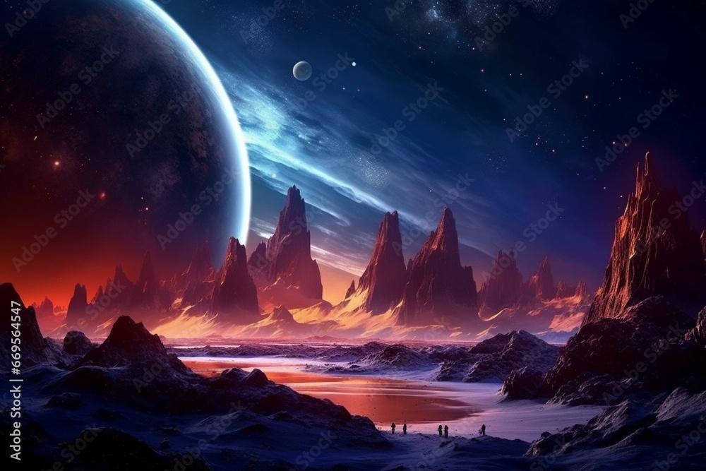 HD wallpaper of a futuristic space planet landscape for desktop background. Generative AI