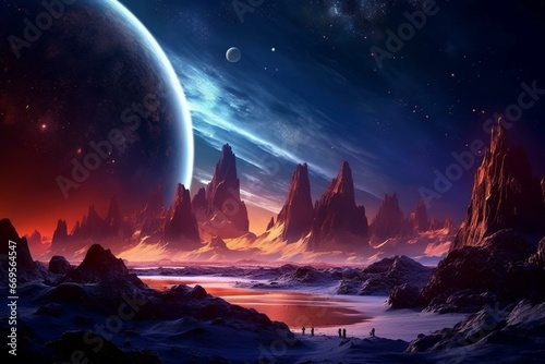 HD wallpaper of a futuristic space planet landscape for desktop background. Generative AI © Noah