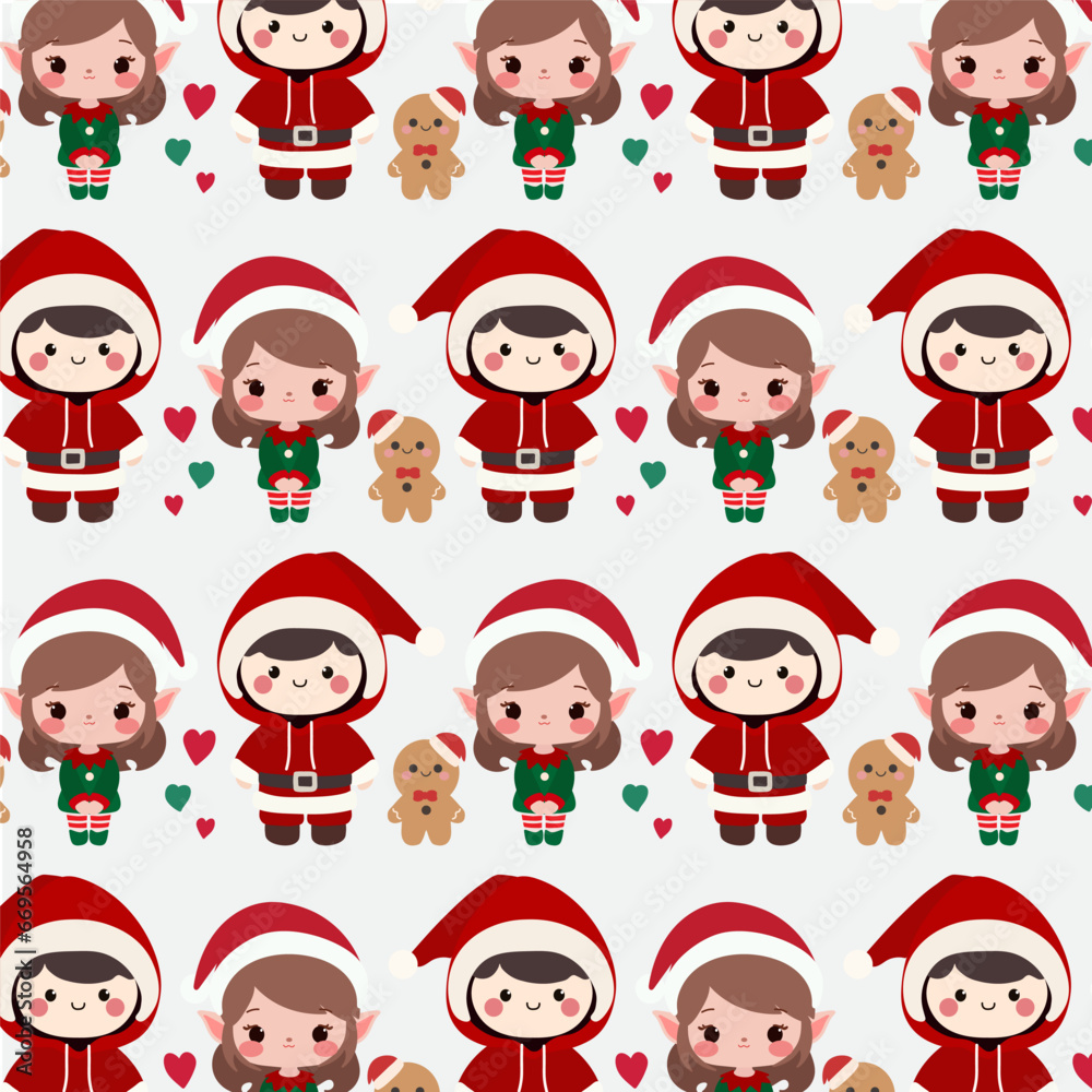 Seamless pattern features a cute elf girl, a cheerful boy, and a delicious-looking cookie man on a white background. 