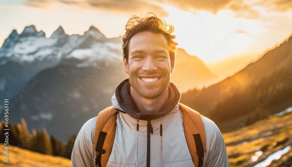 Male model in hiking gear standing infront of mountains with blurred background - obrazy, fototapety, plakaty 