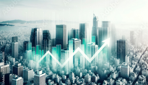 Double exposure of business graph and cityscape background. Financial growth concept. Generative AI photo