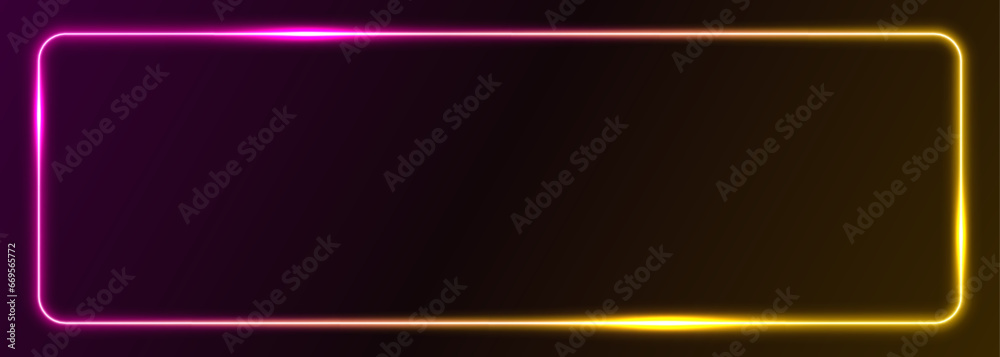 Vector 3d render, square glowing in the dark, pink blue neon light, illuminate frame design. Abstract cosmic vibrant color backdrop. Glowing neon light. Neon frame with rounded corners.