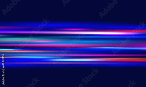 Colorful light trails with motion effect. Vector illustration of high speed light effect on black background. Bright Color Lines Very Fast Motion Design Background Blue Orange Horizontal.
