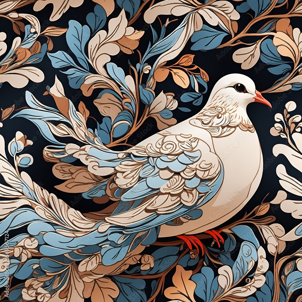 Naklejka premium Seamless pattern of a majestic pigeon with floral illustration. Cartoon style. Repeatable image background. Generative AI.