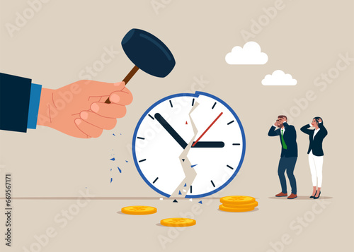 Hand uses sledgehammer and breaks hitting alarm clock. Vector illustration.