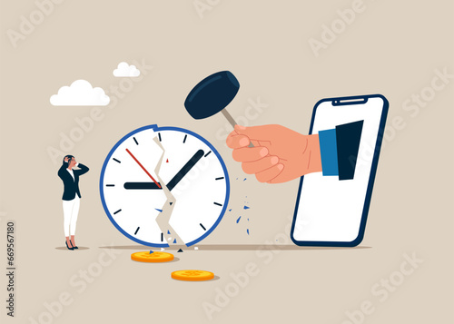 Hand with sledgehammer stepping out of the mobile phone screen holding and break alarm clock. Crisis management. Vector illustration. 