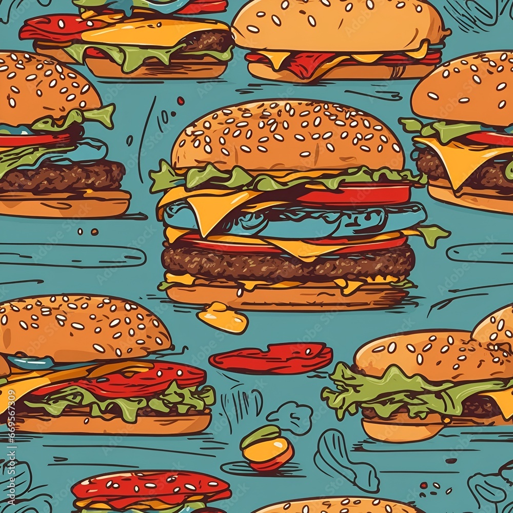 Seamless pattern of yummy beef burger with cheese. Cartoon style. Repeatable image background. Generative AI.