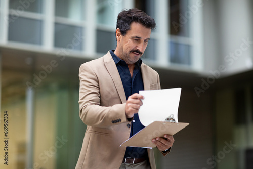 Middle aged man manager checking documents begore business meeting