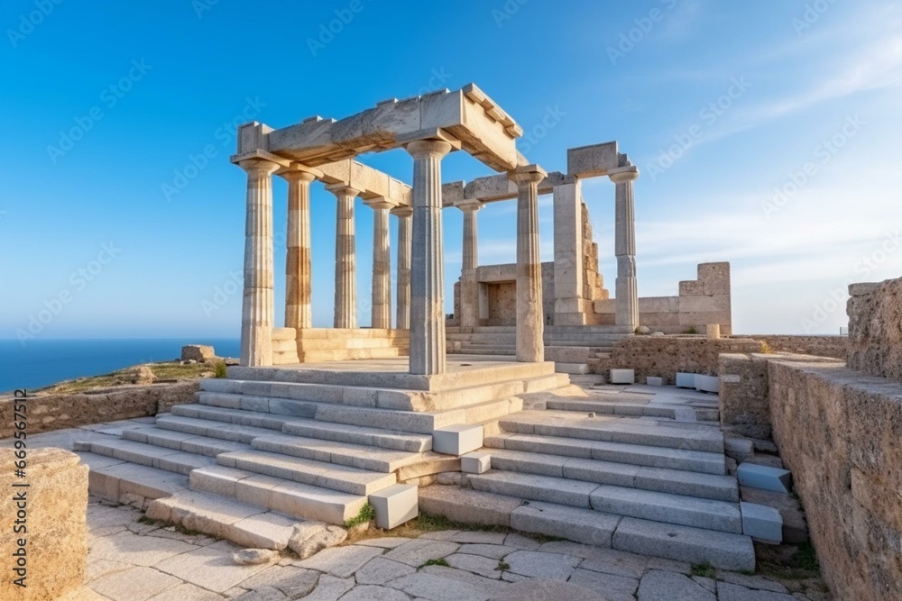 Ancient Greek architecture in Lindos, a popular tourist attraction. Explore the travel destinations on Rhodes Island. Generative AI