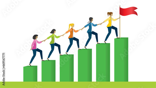 Teamwork, businesspeople, women climbing together against the goals, helping each other and holding hands in the stairs. Isolated. Vector illustration.