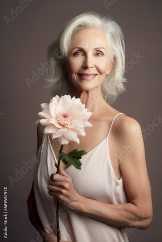 beautiful elderly woman with flowers,  women's health menopause concept