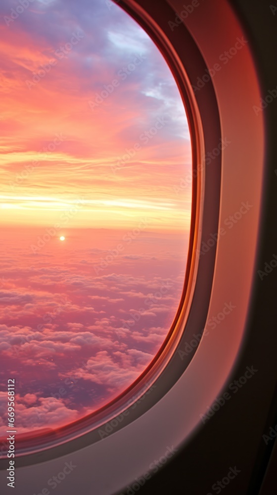 Breathtaking view from airplane window vivid sunset, casting warm hues upon a sea of clouds. Breathtaking view from airplane window vivid sunset, casting warm hues upon a sea of clouds.