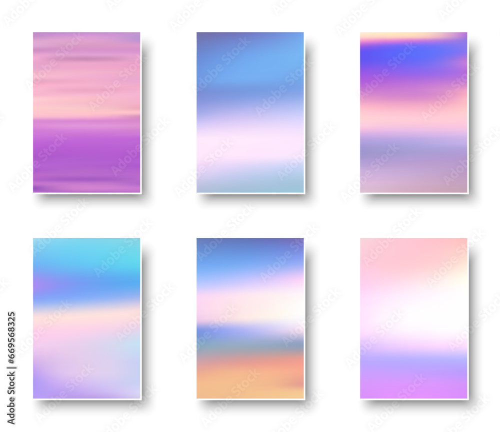 Set of colorful hologram paper card. Abstract holographic wavy gradient mesh color backgrounds.