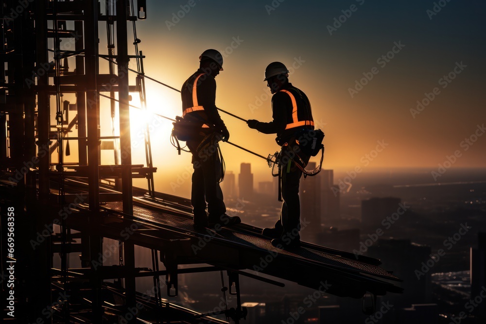 Fototapeta premium Silhouetted construction workers on scaffolding with city backdrop during a mesmerizing sunset.