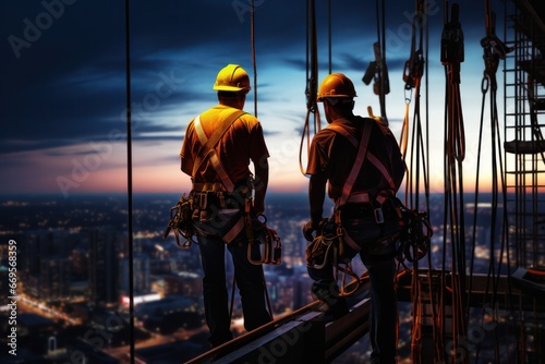 Two construction workers overlooking illuminated cityscape during twilight, showcasing dedication photo