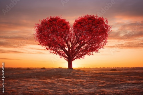 Red Heart Shaped Tree on sunset. AI Generated