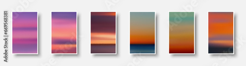 Set of colorful paper sunset and sunrise sea cards. Abstract blurred textured gradient mesh color backgrounds. © Vjom