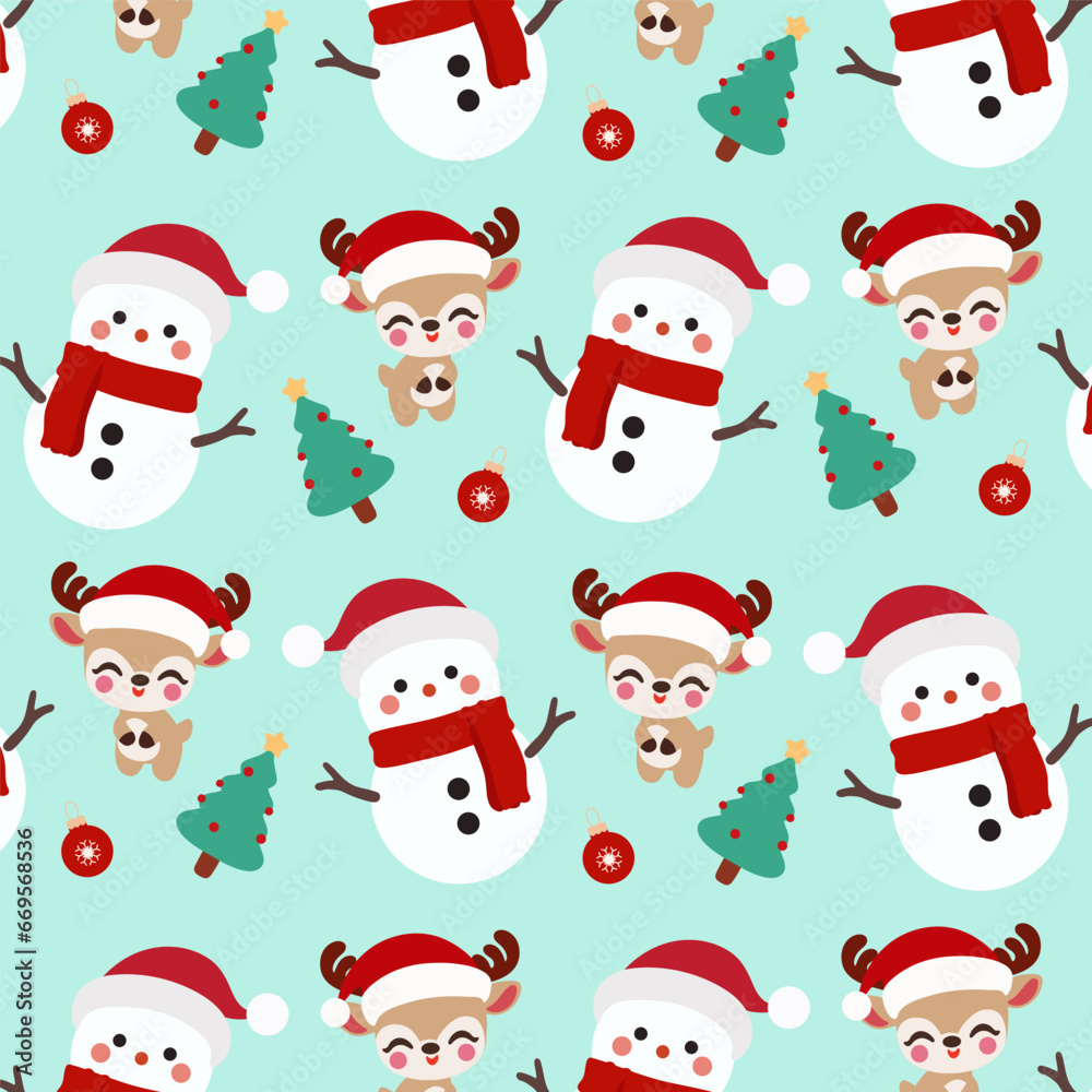 Christmas Snowman Reindeer Seamless Pattern.Seamless pattern features cute snowmen, Christmas trees, and reindeer on a green background.