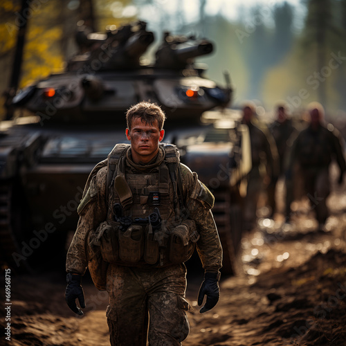 Determined Soldier Leading a Unit Through a Forested Terrain at Dawn