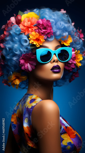 A woman model wearing flowers in her hair and a floral dress with fashionable sunglasses and dark purple lipstick. Creative concept.