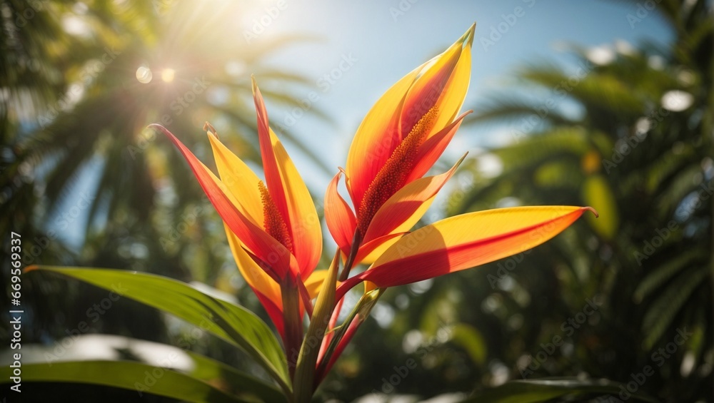 Stunning Heliconia Flower with Sun in Background in it's Natural Environment Stunning Heliconia Flower with Sun in Background in it's Natural Environment