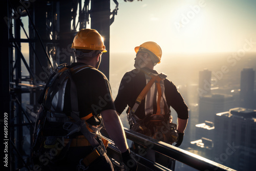 Silhouetted construction workers on a high-rise platform overlooking the cityscape during sunset photo