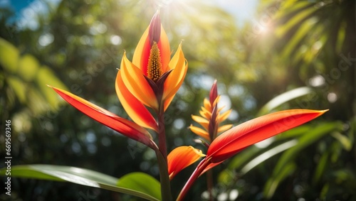 Stunning Heliconia Flower  with Sun in Background in it's Natural Environment photo