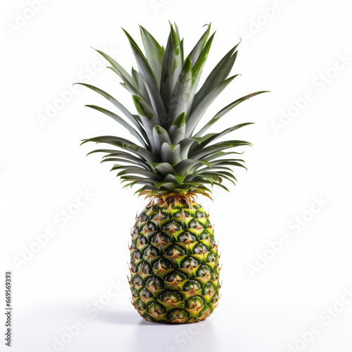 Whole pineapple with green leaves, white background.