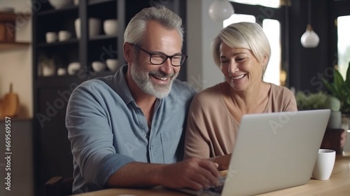Happy mature older family couple laughing, bonding sitting at home table with laptop. Smiling middle aged senior 50s husband and wife having fun satisfied with buying insurance, paying bills online