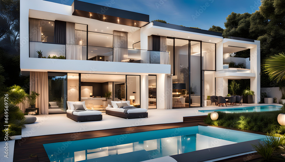 Fototapeta premium Modern villa with open plan living and a private bedroom wing with a small terrace for relaxing