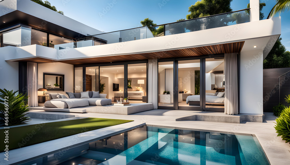 Fototapeta premium Modern villa with open plan living and a private bedroom wing with a small terrace for relaxing