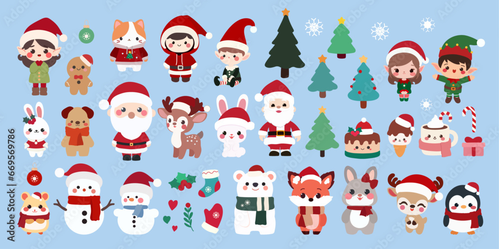 Fototapeta premium Christmas Animals Set.The set includes a variety of popular Christmas animals, including a reindeer, penguin, snowman, Santa Claus, elf, bunny, fox, and cat.