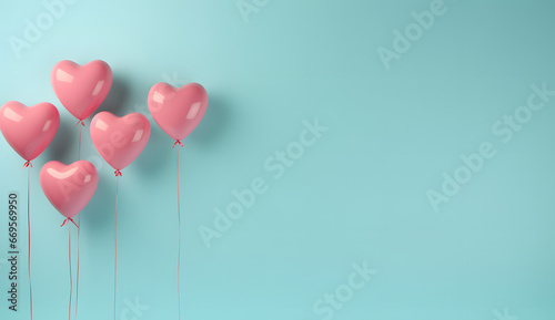 Five light pink heart shaped balloons on a light azure background. Valentine's day concept. Copy space.