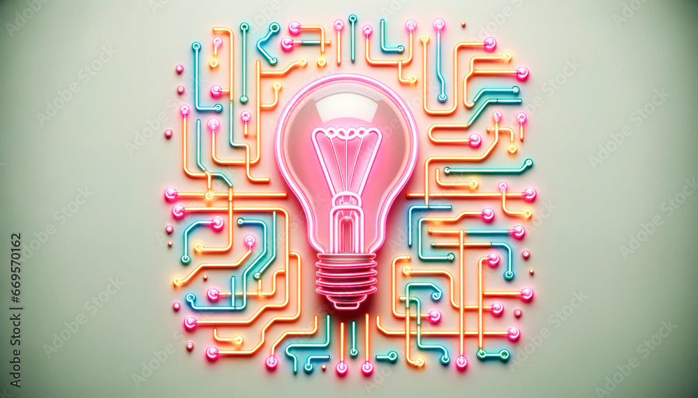 Illustration of glowing light bulb on circuit board background. Idea concept. Generative AI - obrazy, fototapety, plakaty 