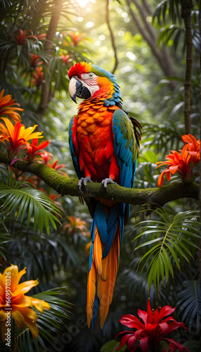 macaw with dazzling plumage with tropical rainforest sunlight