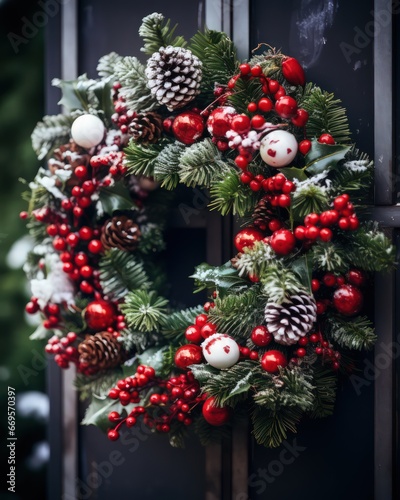 beautiful christmas wreath on a wooden door - ai-generated