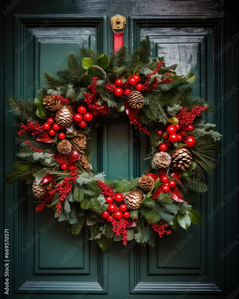 beautiful christmas wreath on a wooden door - ai-generated beautiful christmas wreath on a wooden door - ai-generated