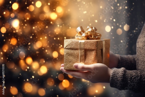 Christmas gift box in the hand of a person over colored festive lights background © DigitalParadise