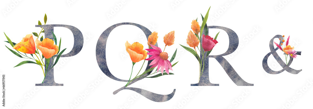 Set of letters P Q R with watercolor wildflowers. Floral alphabet, isolated with botanical bouquet. monogram initials perfectly for wedding invitation, birthday, greeting card and other design Set of letters P Q R with watercolor wildflowers. Floral alphabet, isolated with botanical bouquet. monogram initials perfectly for wedding invitation, birthday, greeting card and other design