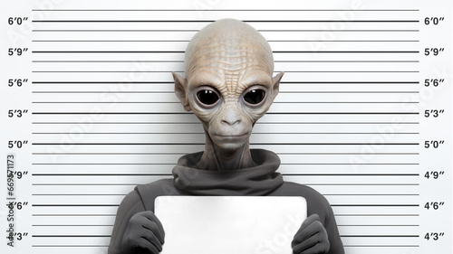 Police mugshot of an alien wearing casual clothes, holding a blank placard for name entry,  against a height chart background photo