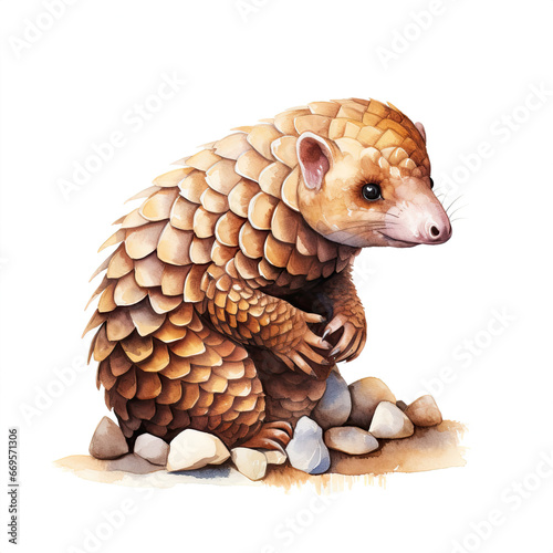Cute pangolin isolated on white background. Digital watercolour painting.