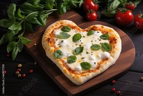 Heart shaped pizza on wooden background. AI Generated