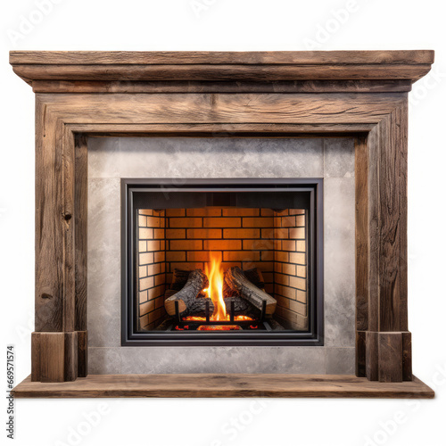 Rustic wooden fireplace with lit fire isolated on white background